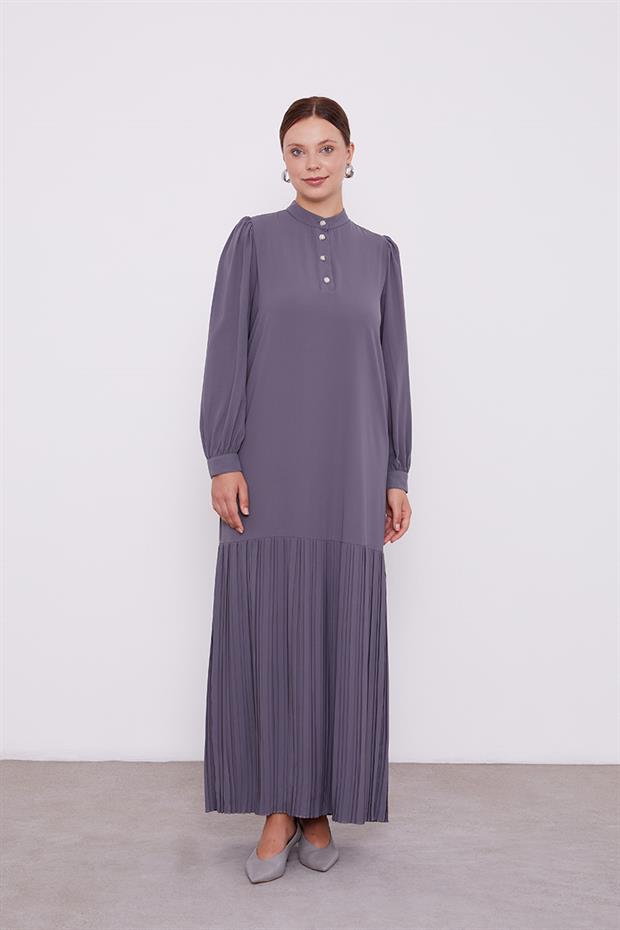 Antrasit Hakim Yaka Eteği Piliseli Şifon Elbise