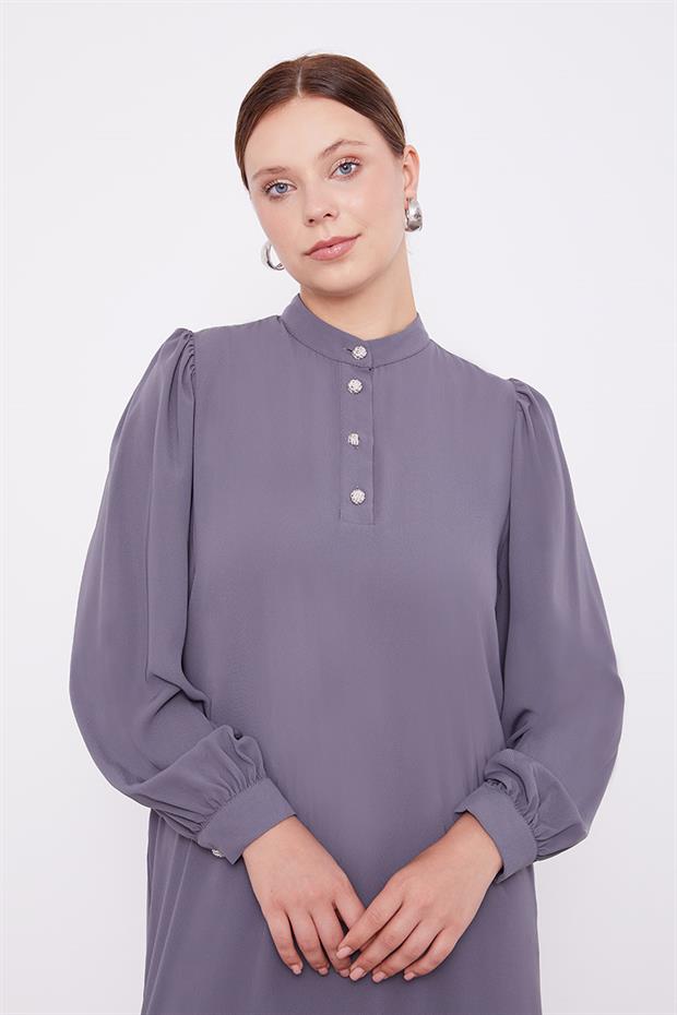 Antrasit Hakim Yaka Eteği Piliseli Şifon Elbise