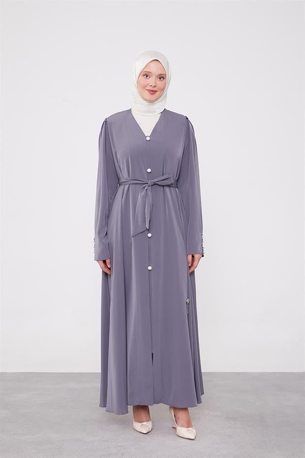 Antrasit İnci Düğmeli Kuşaklı Ferace