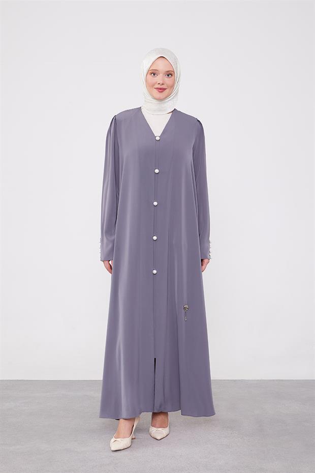 Antrasit İnci Düğmeli Kuşaklı Ferace