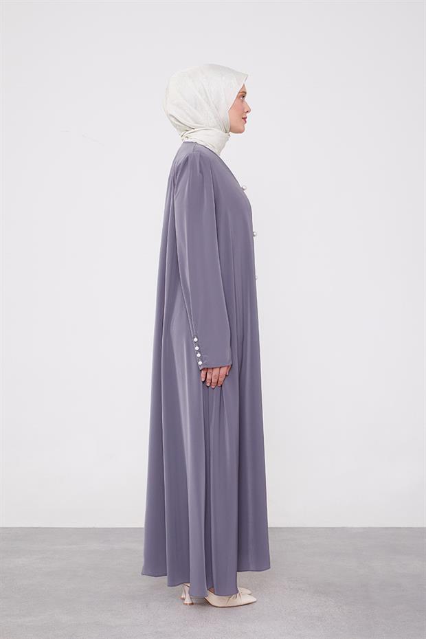 Antrasit İnci Düğmeli Kuşaklı Ferace