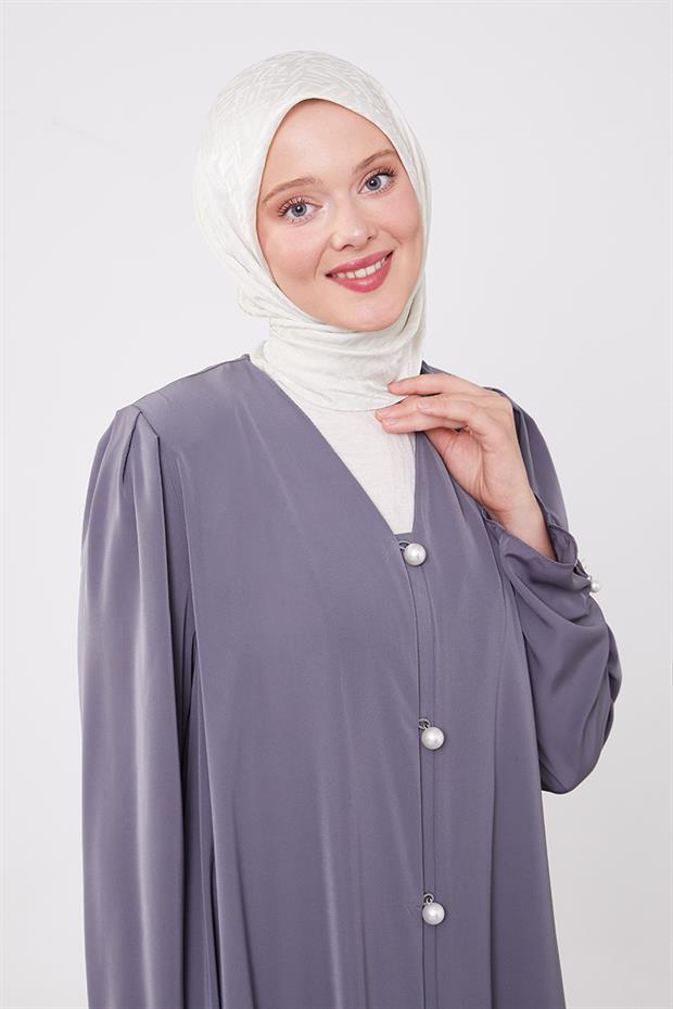 Antrasit İnci Düğmeli Kuşaklı Ferace