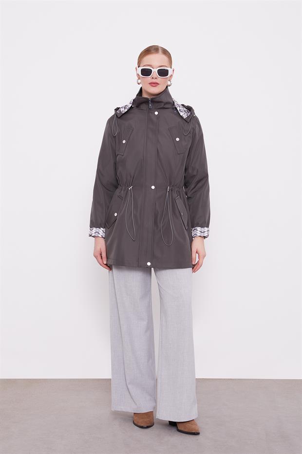 Antrasit Kapüşonlu Beli İp Detaylı Kap