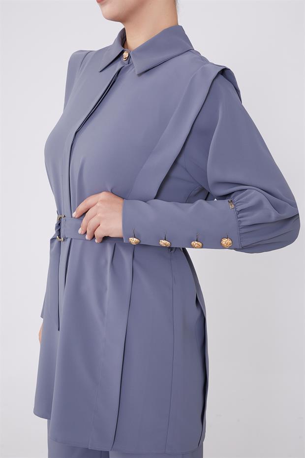 Antrasit Kemer Detaylı Şifon İkili Takım