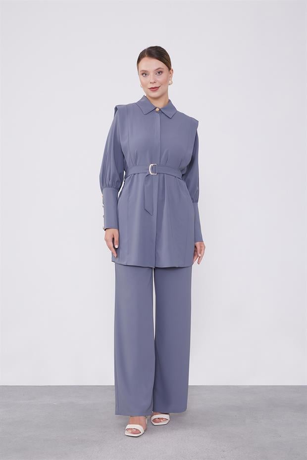 Antrasit Kemer Detaylı Şifon İkili Takım