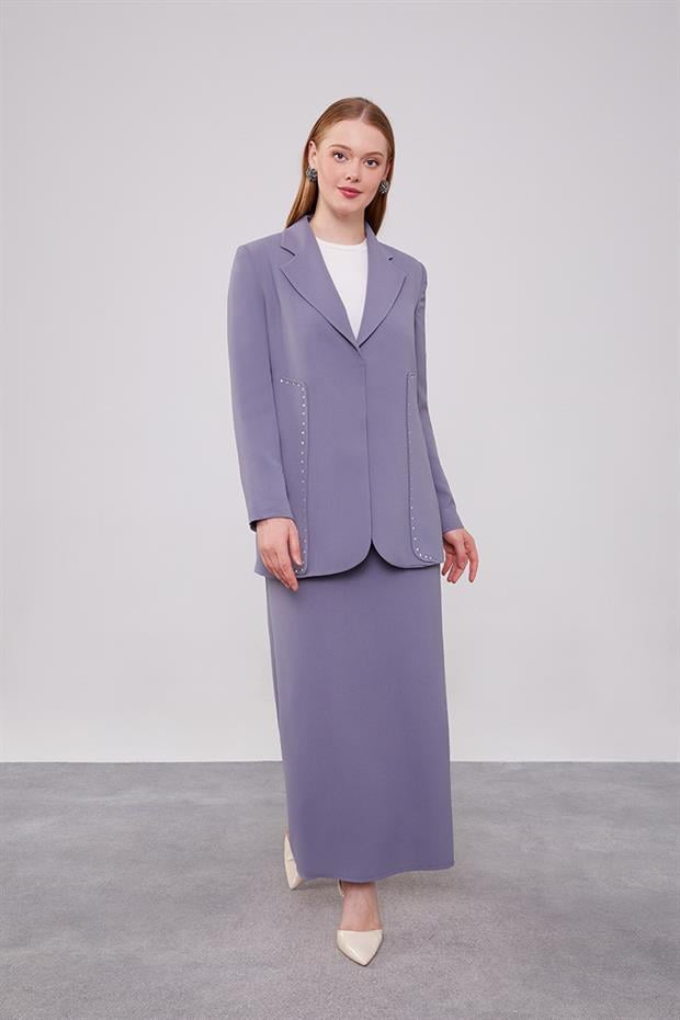 Antrasit Taş Detaylı Ceket Takım