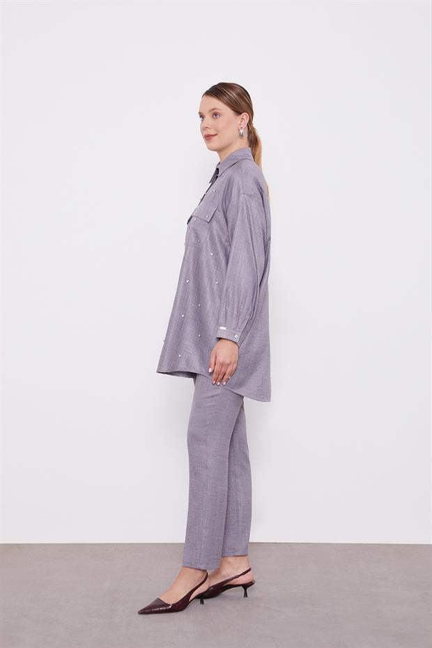 Antrasit Taş İşlemeli Melanj Gömlek İkili Takım