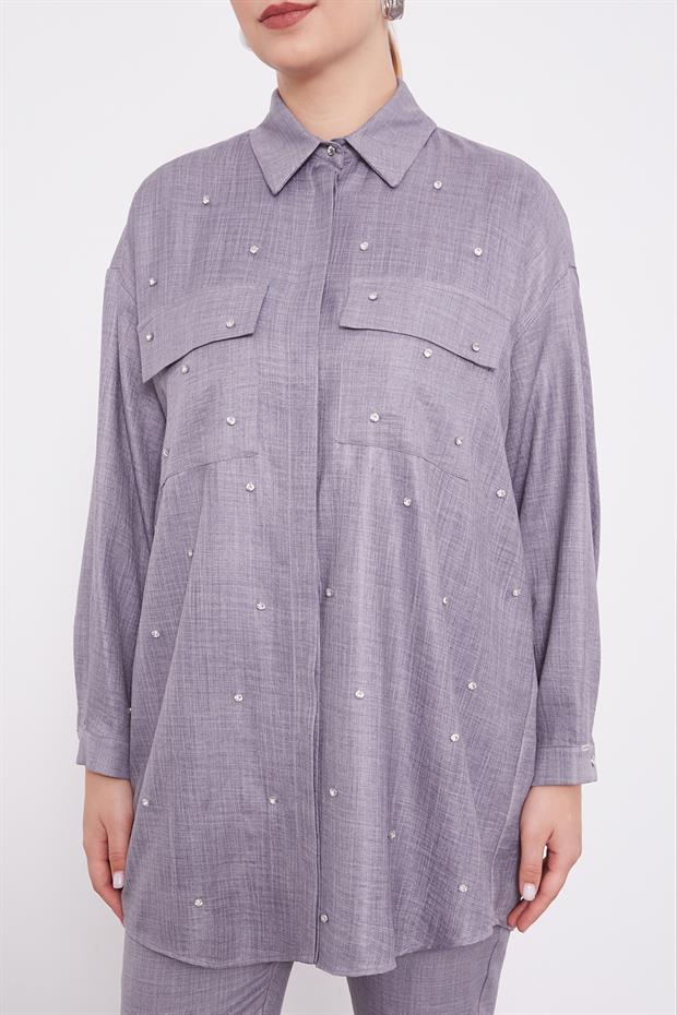 Antrasit Taş İşlemeli Melanj Gömlek İkili Takım