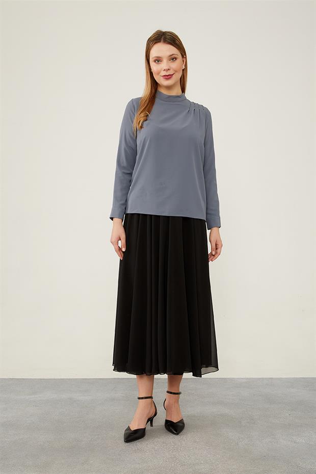 Antrasit Tek Omuz İşlemeli Şifon Bluz