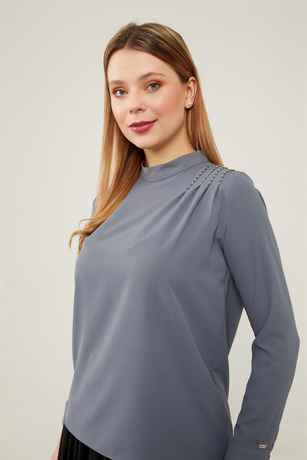 Antrasit Tek Omuz İşlemeli Şifon Bluz