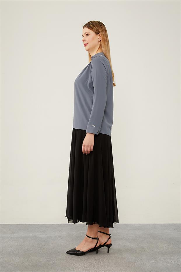 Antrasit Tek Omuz İşlemeli Şifon Bluz