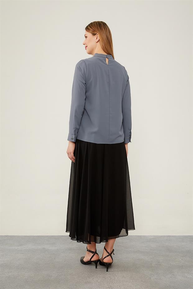 Antrasit Tek Omuz İşlemeli Şifon Bluz