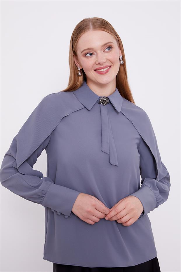 Antrasit Yaka Taş Detaylı Bluz