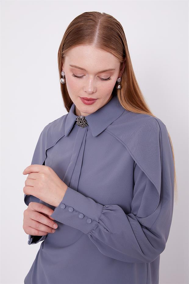 Antrasit Yaka Taş Detaylı Bluz