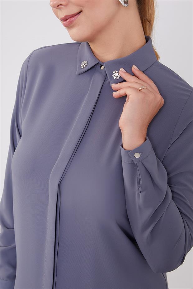 Antrasit Yaka Taş Detaylı Tunik