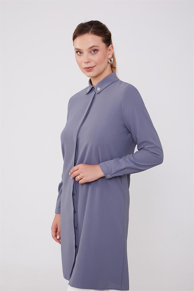 Antrasit Yaka Taş Detaylı Tunik