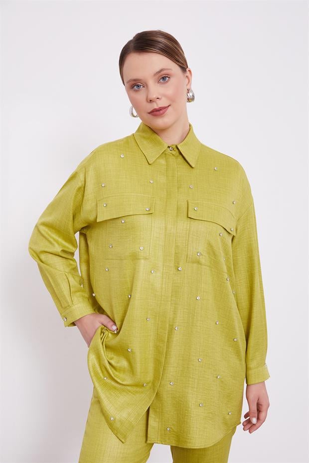 Asit Taş İşlemeli Melanj Gömlek İkili Takım