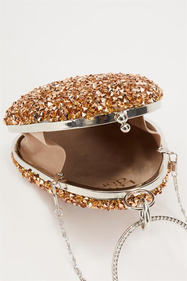 Bakır Oval Taşlı Abiye El Çantası