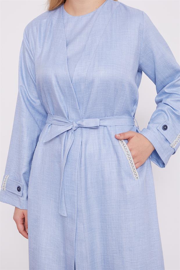 Bebe Mavisi İşlemeli  Melanj Kimono Üçlü Takım