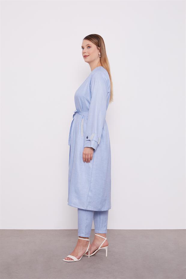 Bebe Mavisi İşlemeli  Melanj Kimono Üçlü Takım