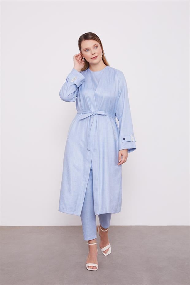 Bebe Mavisi İşlemeli  Melanj Kimono Üçlü Takım