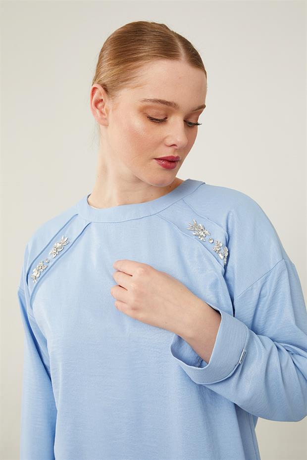 Bebe Mavisi Önü Taş İşlemeli Geniş Pantolonlu Tunik Takım