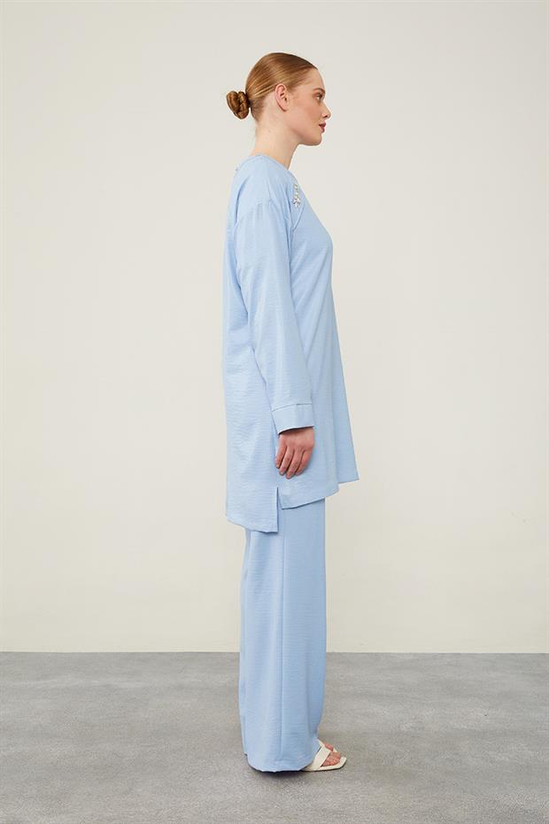 Bebe Mavisi Önü Taş İşlemeli Geniş Pantolonlu Tunik Takım