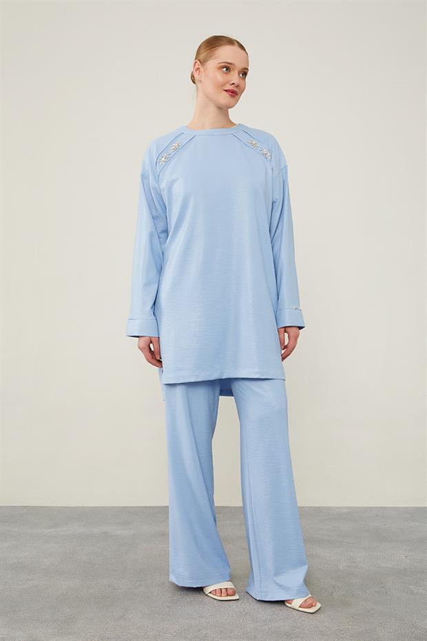 Bebe Mavisi Önü Taş İşlemeli Geniş Pantolonlu Tunik Takım