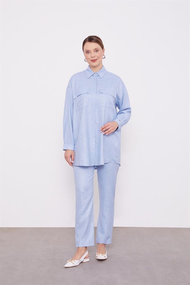 Bebe Mavisi Taş İşlemeli Melanj Gömlek İkili Takım