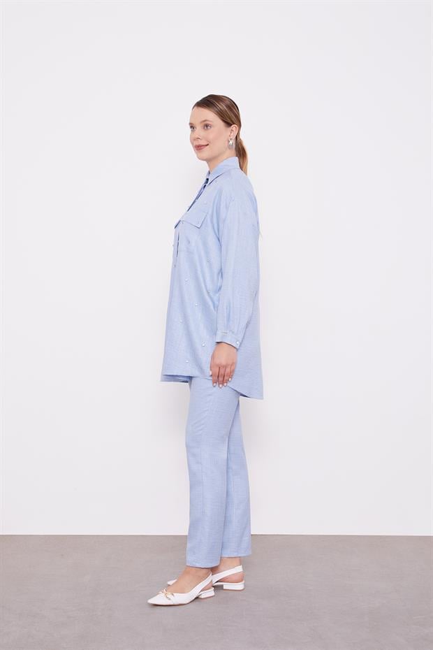 Bebe Mavisi Taş İşlemeli Melanj Gömlek İkili Takım