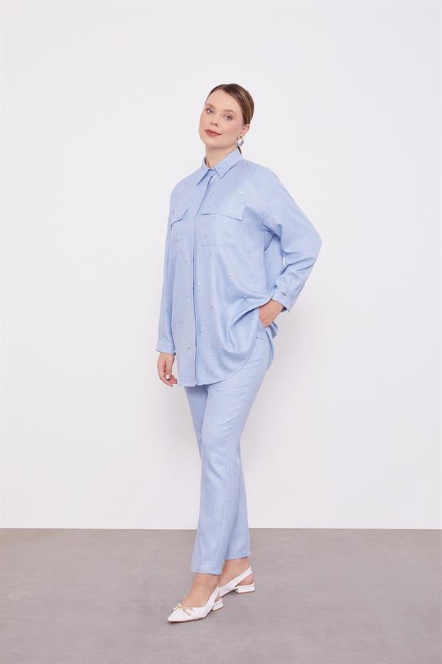 Bebe Mavisi Taş İşlemeli Melanj Gömlek İkili Takım