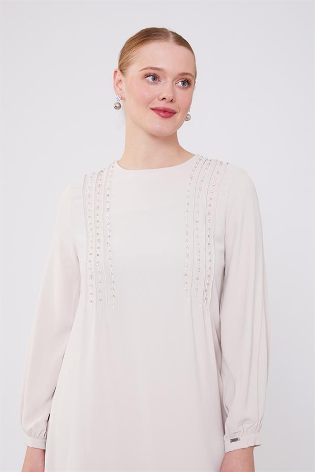 Bej Boncuk İşlemeli Tunik Takım