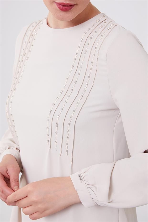 Bej Boncuk İşlemeli Tunik Takım