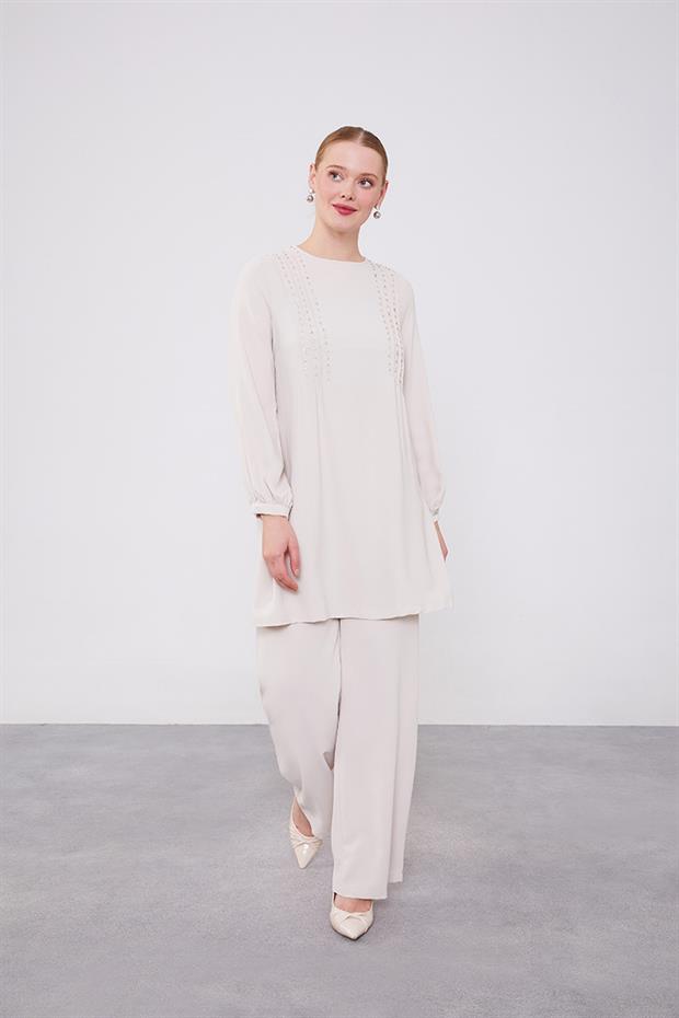Bej Boncuk İşlemeli Tunik Takım
