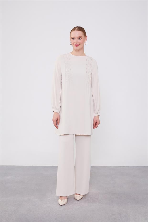 Bej Boncuk İşlemeli Tunik Takım