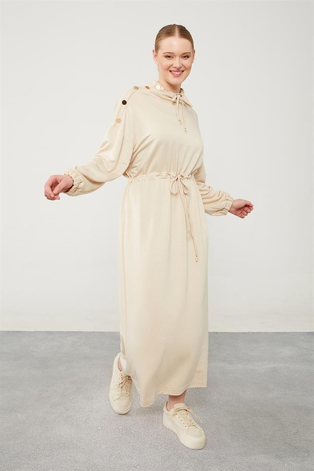 Bej Boyun ve Beli İp Bağlamalı Elbise