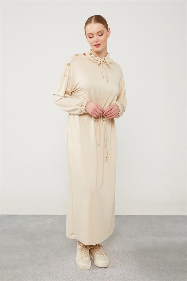 Bej Boyun ve Beli İp Bağlamalı Elbise