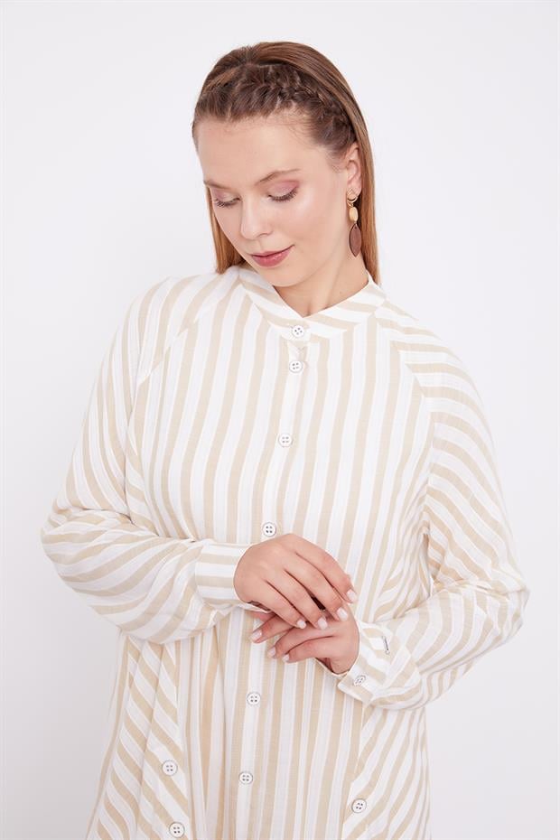 Bej Çizgili Bisiklet Yaka Gömlek