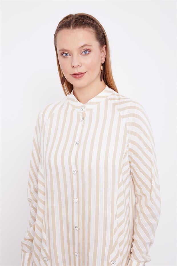 Bej Çizgili Bisiklet Yaka Gömlek