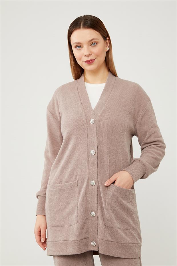 Bej Desenli Hırkalı Triko Takım