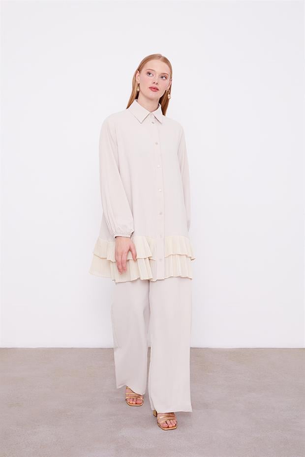 Bej Eteği Pileli Gömlek Yaka Tunik Takım