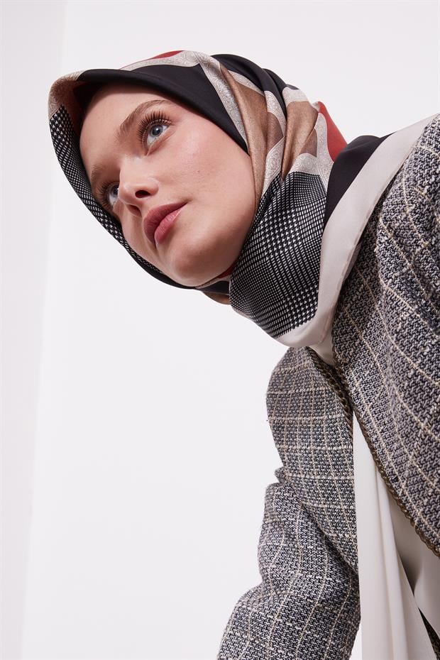 Bej Etnik Desen Twill Ipek Eşarp