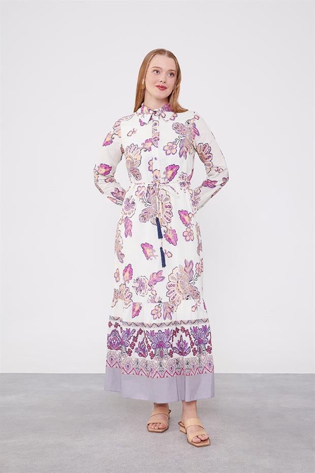 Bej Gömlek Yaka Beli İp Detaylı Elbise