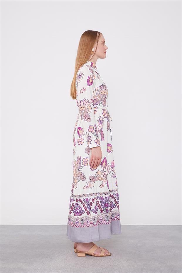 Bej Gömlek Yaka Beli İp Detaylı Elbise