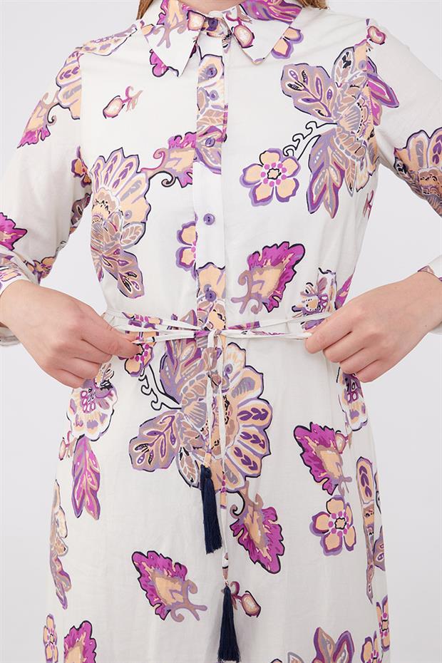 Bej Gömlek Yaka Beli İp Detaylı Elbise