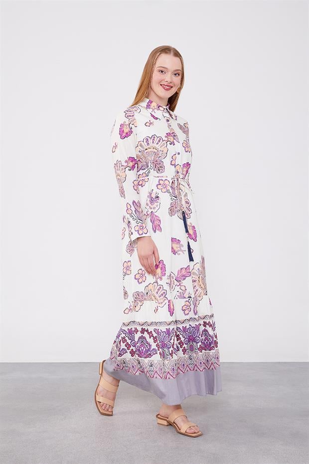 Bej Gömlek Yaka Beli İp Detaylı Elbise