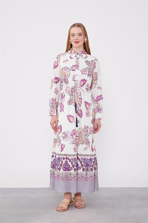 Bej Gömlek Yaka Beli İp Detaylı Elbise