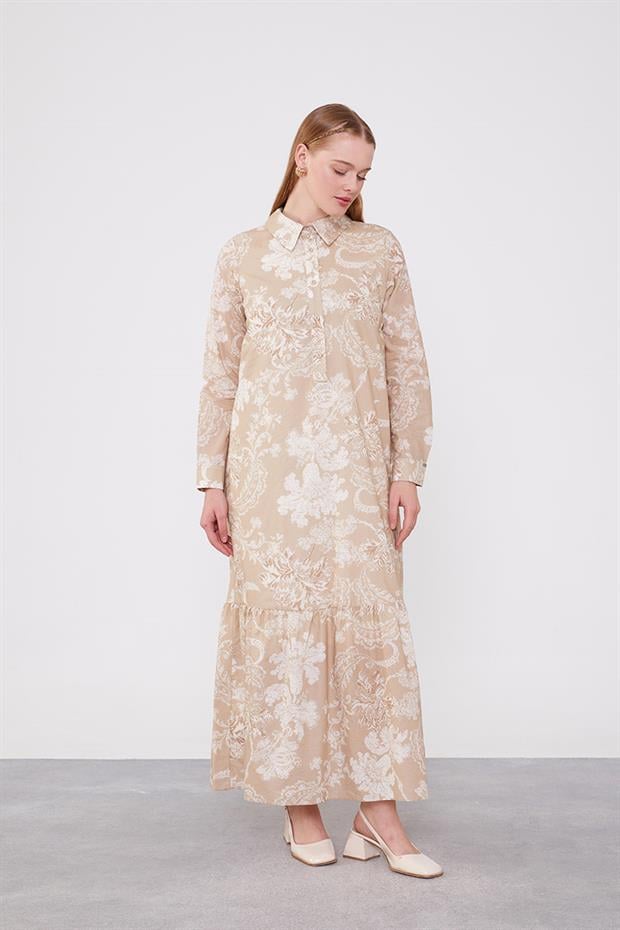 Bej Gömlek Yaka Eteği Volanlı Elbise