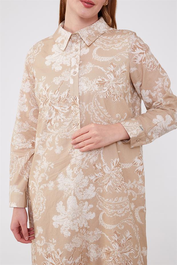 Bej Gömlek Yaka Eteği Volanlı Elbise