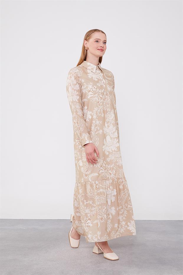 Bej Gömlek Yaka Eteği Volanlı Elbise